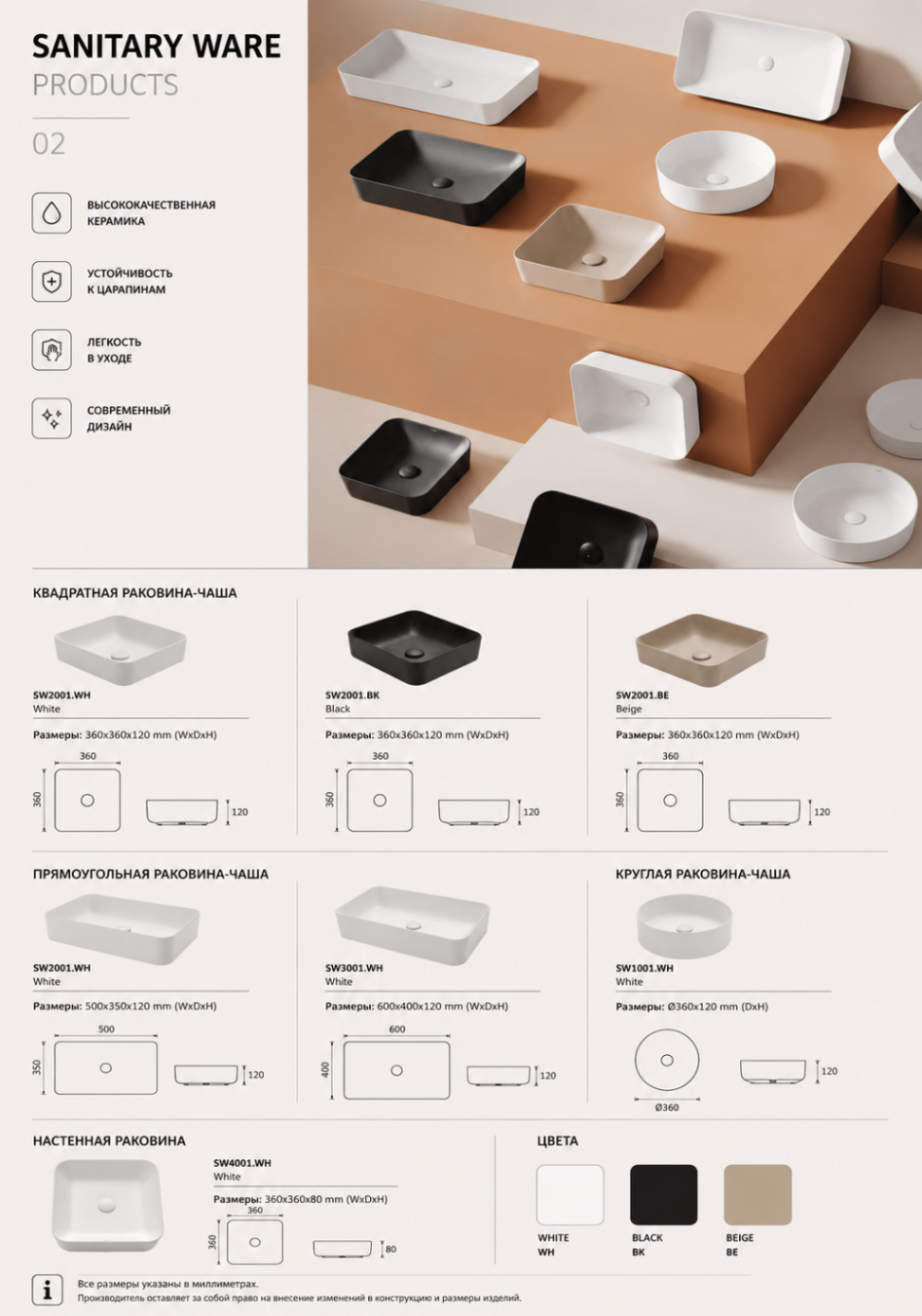 SANITARY WARE — Раковины-чаши (квадратные, прямоугольные, круглые, настенные)